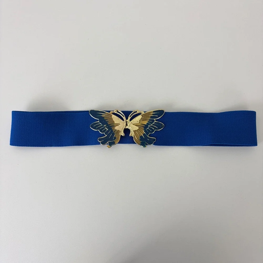 Vintage Royal Blue Elastic Cinch‎ Belt Gold Butterfly Enamel Buckle Fairycore